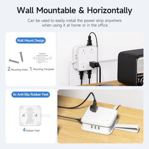 Maximize Connectivity with NTONPOWER 8-Outlet Flat Extension Cord & 3 USB Ports – 6 FT Wall-Mounted Power Strip for Home, Office, and Dorm Use – Space-Saving Design with Surge Protection and High-Speed Charging for All Your Devices