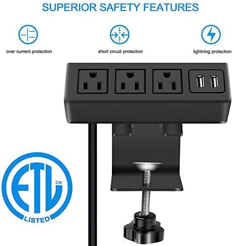 CCCEI 3-Outlet Desk Clamp Power Strip with USB Ports – Surge Protector with 1200 Joules for Enhanced Safety and Fast Charging – Compact Table Mount Power Station for Home Office and Workshop Use – ETL Certified, 1500 W Capacity