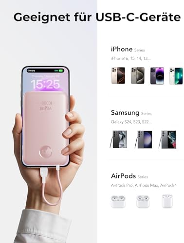 Slim Pink Portable Charger 10000 m Ah – USB-C Power Bank with Built-in Cable & LED Display for Fast Charging – Travel-Friendly Battery Pack Compatible with i Phone 16, 15, Samsung S24, S23 – Ultimate Convenience & Style