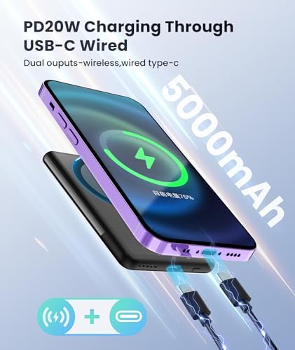 Ultra-Slim 5000 m Ah Magnetic Power Bank – Lightweight Portable Charger with 20 W Fast PD Charging for i Phone 12-16 Pro Max & Air Pods Pro II – Reliable Travel Battery Solution for On-the-Go Power Needs