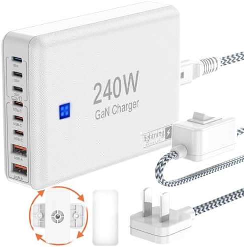 240 W High-Speed 8-Port Charging Station – Multi-Device USB Hub for i Phone, i Pad & Mac Book with 6 USB-C PD Ports, 2 USB-A Ports, 5 ft Braided Cord, On/Off Switch, Flat Plug Design for Travel Convenience and Optimal Space Management – Ultimate Charging Solution for Tech Enthusiasts
