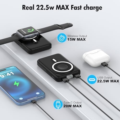 3-in-1 Magnetic Wireless Portable Charger – 10000 m Ah Power Bank with Fast 22.5 W Charging for i Phone 15/14/13/12, Apple Watch, and Air Pods – LED Display, Sleek & Lightweight Design for Ultimate On-the-Go Convenience and Enhanced Compatibility