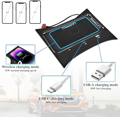 Elevate Your Nissan Rogue Driving Experience with 30 W Fast Charging Wireless Charger Pad – Seamless USB-A & USB-C Compatibility for 2014-2020 Models, Including Hybrid & Sport Variants – Effortless Cord-Free Power at Your Fingertips