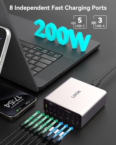200 W Ga N IV USB-C Charging Hub – 8-Port Fast Charger Station with PD 65 W Laptop Power for Mac Book Pro/Air, i Phone 16/15/14, Galaxy S23/22 & Steam Deck – Ultimate Compact Solution for Multi-Device Efficiency and Safety