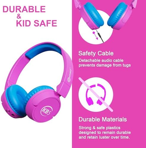 Contixo KB-5 Safe Listening Bluetooth Headphones for Kids – Foldable Over-Ear Design with 85 d B Volume Limiting – Stylish Pink & Blue Headphones for Comfortable Listening – Effortless Wireless Pairing with All Devices for Young Music Enthusiasts
