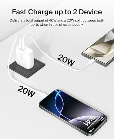 Belkin 40 W Dual Port USB-C Fast Charger Block – Rapid Charging for i Phone 16, 15, 14, 13, Pro, Samsung Galaxy S25, Pixel, i Pad, Air Pods & Nintendo Switch 2 – Compact, Lightweight, Enhanced Safety Design – Perfect for Home or Travel Charging Solutions