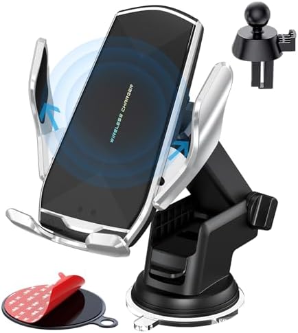 15 W Qi Wireless Car Charger Mount with Auto-Clamping Feature – Versatile Phone Holder for i Phone & Samsung, Long Arm Suction Cup for Dashboard, Windshield, and Air Vent – Effortless Hands-Free Charging for Ultimate Convenience