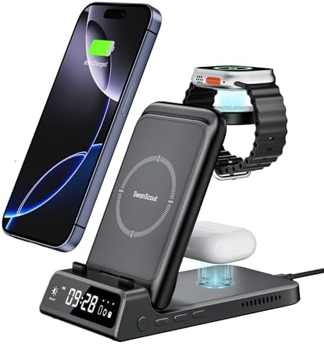 Swan Scout 703 A Premium Multi-Device Wireless Charging Station – Fast, Compact Charger for i Phone 11-16, Apple Watch SE 2-10, and Air Pods Pro 2/4 – Sleek Travel Power Hub for Effortless Device Management and Enhanced Compatibility