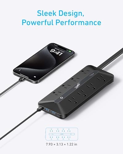 Anker 12-in-1 Flat Plug Power Strip – Ultimate USB-C Charging Station with 8 AC Outlets, 2 USB-C, 2 USB-A Ports, 5 ft Extension Cord, Slim Design for Home & Office, 900 J Surge Protection, Fast 35 W Output for Enhanced Device Safety and Efficiency