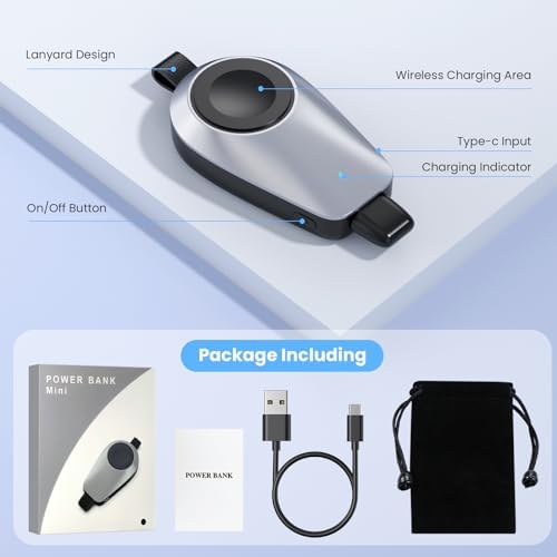 Ultra-Compact Magnetic Wireless Charger for Apple Watch & i Phone – 1600 m Ah Keychain Emergency Power Bank for Seamless Charging on the Go – Compatible with i Watch 9/8/Ultra/7/6/SE/5/4/3 & i Phone 5-14 Series (Sleek Black) – Ideal for Travelers and Professionals