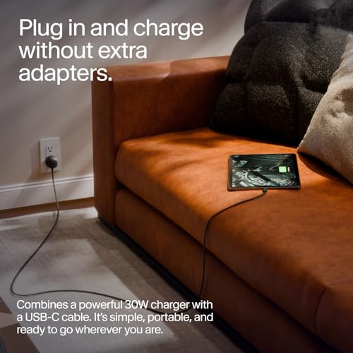 Twelve South Power Cord 30 W USB-C Fast Charger with 4 ft Tangle-Free Cable and Compact Wall Adapter – Universal Compatibility for i Phone, i Pad, Samsung, Mac Book Air & More – Sleek Slate Design for Home & Travel Efficiency