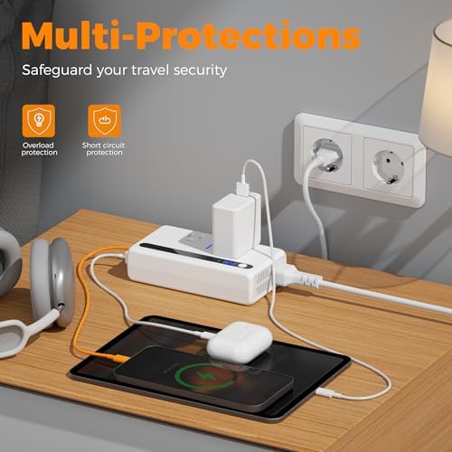 Universal 220 V to 110 V Travel Voltage Converter by TESSAN – High-Efficiency Step Down Transformer with 4 USB Ports (2 USB-C) & Dual AC Sockets for Global Compatibility in EU, UK, AU, IT – Fast Charging Solution for Seamless Worldwide Device Powering