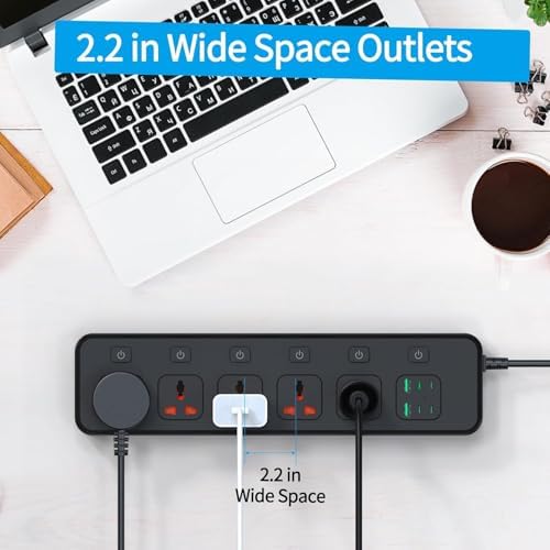 Jumpso European Travel Plug Adapter with Individual Switch – 6 ft Universal Power Strip with 5 AC Outlets and 6 USB Ports (4 USB-C) – Maximum 3000 W Surge Protector for Safe and Efficient Charging in Office and Travel Environments – Compact, Versatile, and Energy-Saving Solution for All Your Devices