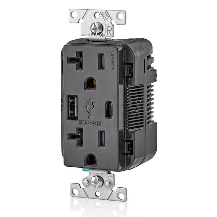 Leviton Dual USB In-Wall Charger with 20 A Tamper-Resistant Outlet – Type A & Type-C Compatibility for Smartphones and Tablets, Light Almond Finish – Streamlined Charging Solution for Home and Office Spaces