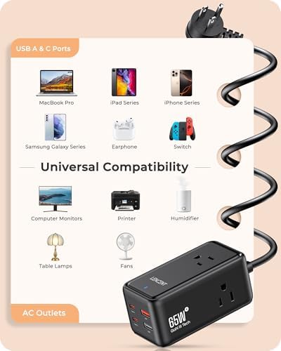 LENCENT 65 W Ga N USB-C Power Hub: 7-in-1 Multi-Device Charging Station with 4 USB Ports, 5 ft Extension Cord & 3 AC Outlets – Fast Charging Solution for Laptops, Tablets, and Gaming Consoles – Sleek & Portable Design for Home, Office, and Travel