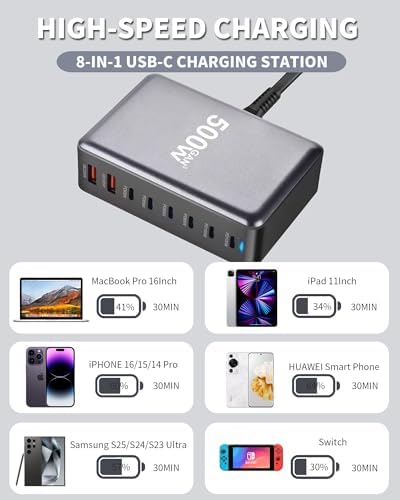 500 W USB-C Fast Charging Hub: 8-Port Power Station for Simultaneous Device Charging, PD PPS 100 W Wall Charger Compatible with Mac Book Pro/Air, i Pad, i Phone 16/15, HP, Dell, Lenovo, Acer – Optimal Speed, Universal Compatibility, and Enhanced Safety Features for All Electronics