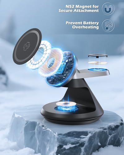 Ultimate 3-in-1 Mag Safe Charging Station: 15 W Fast Wireless Charger with 360° Rotating Dock for i Phone 16/15/14/13/12, i Watch, and Air Pods – Enhanced Magnetic Alignment, Anti-Slip Design, and Dual Orientation Stand for Seamless Charging Experience