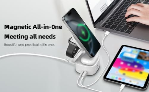 Ultimate 5-in-1 Foldable Wireless Charging Station – PD Fast Travel Charger for i Phone, Apple Watch, Air Pods & Laptops – Streamlined Compatibility & Enhanced Portability for Tech Enthusiasts and Frequent Travelers – Safeguarded Fast Charging Dock for Clutter-Free Convenience