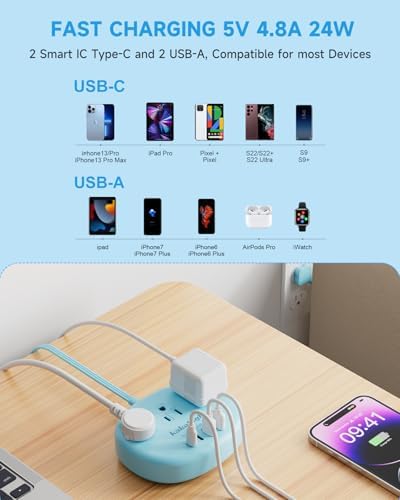Stylish Brown Extension Cord with 1080 J Surge Protection – 5 FT Flat Braided Design Featuring 3 AC Outlets & 4 USB Ports (24 W/4.8 A) for Fast Charging – Ideal Tan Desk Accessory for Powering Devices Safely & Efficiently