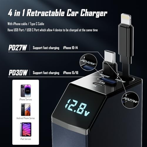 Ultimate 4-in-1 Fast Retractable Car Charger – 84 W Power Booster with Dual Cables (USB-C & Lightning) for i Phone 16/15/14/13/12/11 – Tangle-Free, Compact Design for Effortless Travel Charging Solutions