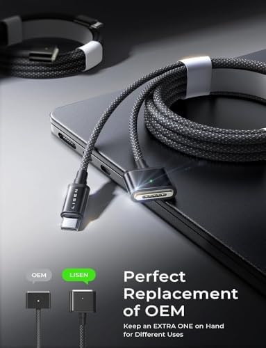 LISEN 6.6 ft USB-C to Mag-Safe 3 Charging Cable for Mac Book Air & Pro (2022-2024) – Premium Rapid Charging Solution, Durable Design with Elegant Midnight Finish, Ideal for Seamless Power Delivery and Enhanced Device Safety