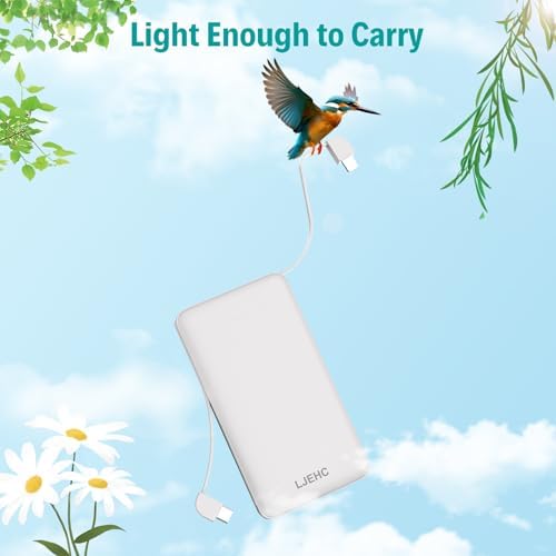 Ultra-Slim 10,000 m Ah Portable Power Bank with Integrated Charging Cables – Lightweight Multi-Device USB Type C Fast Charger for i Phone, Samsung, Android, and More – Ideal Travel Companion for Seamless Power on the Go