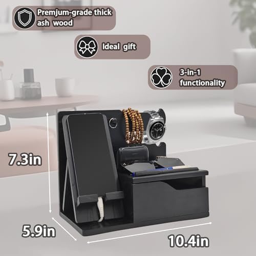 Sleek 3-in-1 Wood Phone Docking Station with Hidden Charging Hole & Drawer – Multifunctional Organizer for Phones, Keys, Glasses & Accessories, Ideal Men’s Desk Solution (Brown) – Premium Quality & Enhanced Compatibility