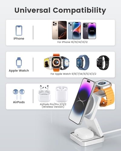 Revolutionary 3-in-1 Wireless Charging Station: 15 W Fast Charger for i Phone, Mag Safe Compatible, Foldable Travel Design for Apple Watch & Air Pods – Ultimate Convenience and Style for Your Nightstand or On-the-Go Power Needs