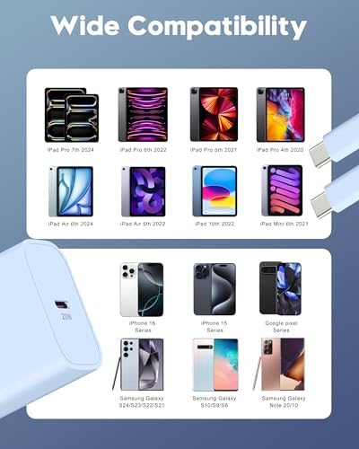 20 W Fast Charger Bundle for i Phone 16 Series & i Pad Models – Dual USB-C Wall Charging Blocks with 3 FT Cable for Lightning-Fast Device Power-Up and Enhanced Compatibility with Air Pods – Ideal for Busy Lifestyles and Travel