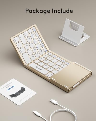 Samsers Portable Bluetooth Keyboard with Touchpad – Ultra-Slim Foldable Wireless Keyboard for Effortless Typing on Android, Windows, and i OS Devices – Rechargeable, Travel-Friendly Design with Device Holder – Black