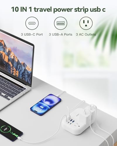 Compact 6-Port USB Power Strip with 3 AC Outlets and 6 USB Charging Ports for Ultimate Travel Convenience – 24 W/4.8 A Power Delivery, 3 FT Extension Cord, Slim Flat Plug Ideal for Cruise Ships, Offices, Dorms, and i Phone 15 Compatibility – Essential Multi-Port Charger for Efficient Device Charging