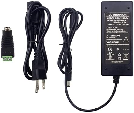 Reliable 12 V 5 A UL Listed Power Supply Adapter – High-Efficiency 60 W AC to DC Transformer with 4 ft Cord & 5.5 mm x 2.5 mm Barrel Plug for LED Lighting, DVR/NVR Systems, and High-Power Cameras – Exceptional Safety & Versatility for Your Electronic Needs