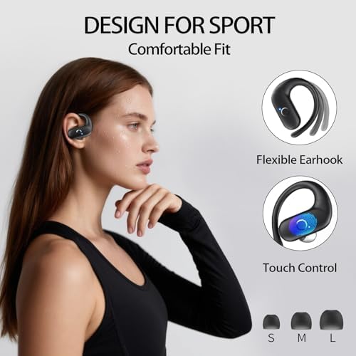 Revolutionary Bluetooth 5.3 Wireless Earbuds – Ultra-Lightweight Noise-Cancelling Headphones with Deep Bass for Sports Enthusiasts – Waterproof Design with Secure Ear Hooks for Running, Biking, and Climbing – Unmatched 60 Hours Playtime in Sleek Black Finish