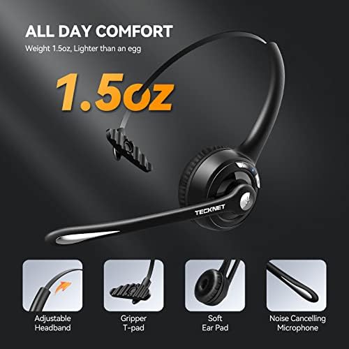 TECKNET Wireless Bluetooth Headset for Truckers – Advanced Noise-Canceling Microphone for Crystal-Clear Calls, Hands-Free Convenience, and Mute Function for Private Conversations – Compatible with Multiple Devices and Designed for All-Day Comfort