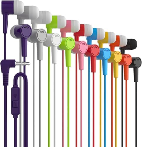 Maeline 10-Pack Ergonomic In-Ear Stereo Earbuds – Tangle-Free, Multi-Color Headphones for Classroom, Travel, and Gym | Hands-Free In-Line Microphone | Lightweight, Durable Design Compatible with 3.5 mm Devices | Perfect for Extended Listening and Seamless Audio Experience