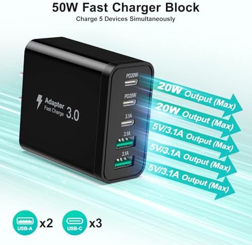 Besgoods 50 W USB C Charger Block – High-Speed Multi-Port Charging Solution for i Phone 16 Pro Max, i Pad, and Galaxy Devices – Includes Durable 6 ft Braided USB-C to C Cable – Perfect for Home, Office, and Travel – Charge Up to 5 Devices Simultaneously with Enhanced Compatibility and Safety Features
