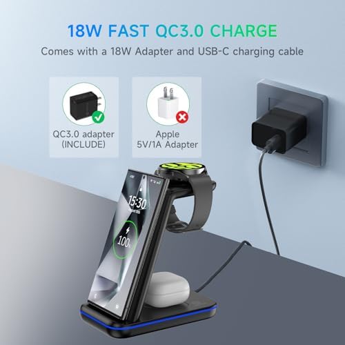 Efficient RELAXYO 3-in-1 Wireless Charging Station for i Phone 15-11, Apple Watch Series 9-4, and Air Pods 3/2/Pro – Fast, Compact Charger for Tech Enthusiasts & Travelers, Tidy Cable-Free Solution for Home and Office Use