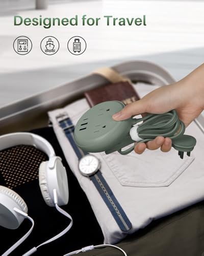 KOOSLA Compact Flat Plug Power Strip with USB C Ports – 2 AC Outlets & 3 Fast-Charging USB Ports for Ultimate Travel Convenience – 1250 W Capacity, 5 ft Cord – Ideal for Cruise Ships, Dorms, Homes, & Offices – Lightweight, Space-Saving Design for Multi-Device Charging