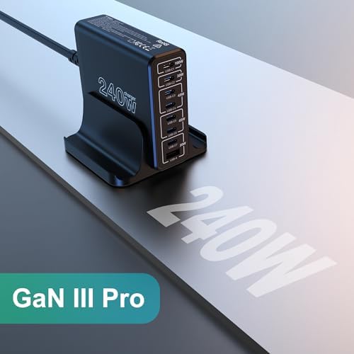 URVNS 240 W USB-C Multiport Charger: Compact 8-Port Fast Charging Station with Ga N Technology for Laptops, i Phones, and More – Universal Compatibility and Enhanced Power Delivery for On-the-Go Users