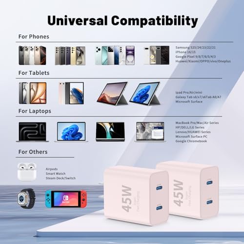 Ultimate Fast Charging Solution for i Phone 16/15 Pro Max – 45 W Dual Port USB-C Charger Block (2-Pack) with Extra Long 60 W Cables – PD Quick Adapter 3.0 for Enhanced Device Compatibility and Speed – Perfect for Home or On-the-Go Charging