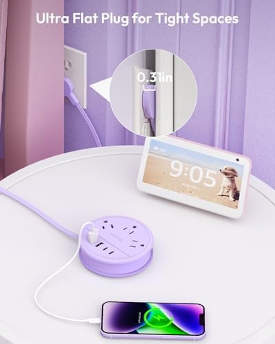 Stylish NTONPOWER Purple Extension Cord with 3 AC Outlets & 4 USB Ports (2 USB-C) – 4 FT Flat Power Strip for Kawaii Dorm & Office Decor – Compact, Versatile Charging Station for Modern Workspaces