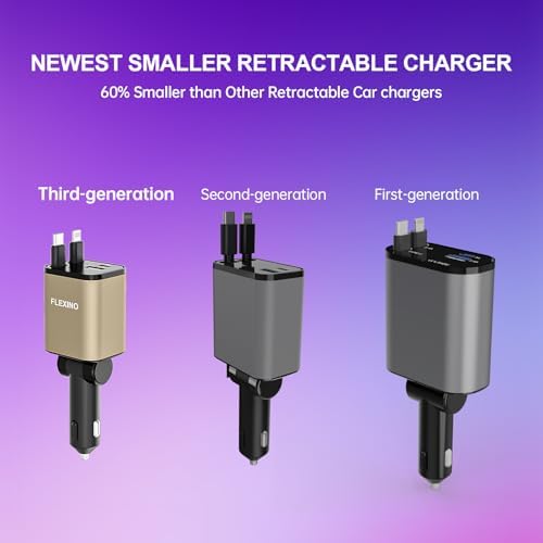 Premium Flexino Compact Retractable Car Charger for i Phone 16 – 69 W Fast Charging with Dual 2.6 ft USB C Cords | Efficient Power Adapter Compatible with i Phone 16/15/14/13/12 Series & Galaxy Devices | Sleek Grey Design for Ultimate Portability and Reduced Cable Clutter