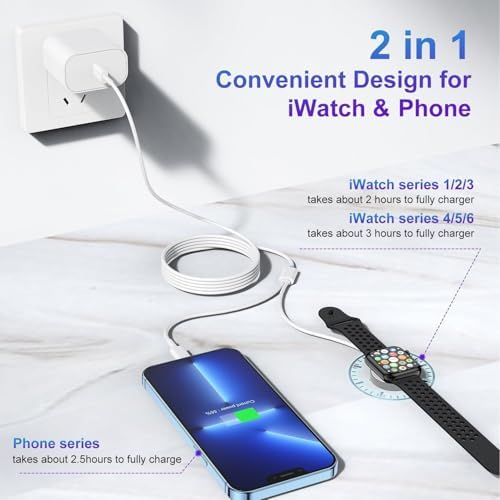 Revolutionary 2-in-1 USB C Charger for Apple Watch & i Phone – 6 FT Magnetic Fast Charging Cable with USB-C Wall Adapter – Compatible with Apple Watch Series 8/7/6/SE/5/4 & i Phone 14/13/12 – Ultimate Convenience & Enhanced Durability for On-the-Go Charging Solutions