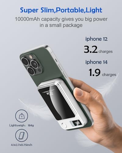 Effortlessly Stay Charged with Our 10,000 m Ah Magnetic Wireless Power Bank – 15 W Fast Wireless & 22.5 W USB PD QC3.0 Portable Charger for i Phone 12/13/14/15 Series – Sleek White Design with LED Display & Seamless Device Alignment – Essential Accessory for On-the-Go Power Needs