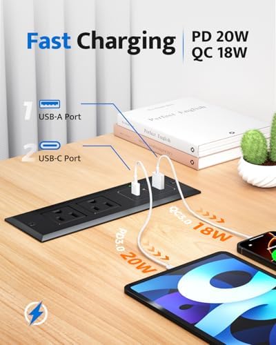 Sleek Recessed Power Strip with 20 W USB-C Fast Charger & USB-A Port – Space-Saving Desk Outlet for Effortless Device Charging, 6 ft Cord & 45° Slim Plug for Easy Access in Furniture – Ideal for Home Office and Conference Rooms