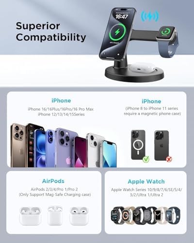 Ultimate 3-in-1 Magnetic Charging Station for Apple Devices – Fast Charging Dock for i Phone 16 15 14 13 12 and Air Pods with Sleek Design and Effortless Magnetic Alignment for Enhanced Power Management and Space Efficiency