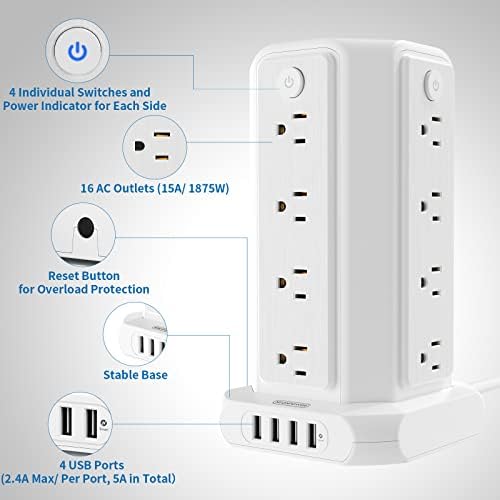 10 ft NTONPOWER Power Strip Tower with 8 Outlets & 5 USB Ports – Premium Surge Protector with Individual Switches, 1080 Joules Protection, 13 A Circuit Breaker – Ideal for Home Office & Entertainment Setup, Sleek Black Design for Ultimate Convenience