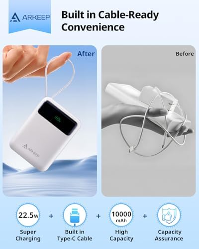 Ultra-Compact 10000 m Ah Travel Power Bank with 22.5 W PD Fast Charging – Built-In Type-C Cable & Dual USB Outputs for Ultimate Device Compatibility – Lightweight & Portable High-Capacity Phone Charger with Advanced Safety Features for i Phone 16/15/14/13/12/11, Samsung Galaxy, and More