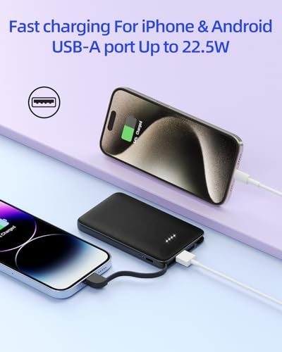Ultra-Slim 6000 m Ah Portable Charger with Built-In Cable – Fast Charging Power Bank for i Phone 14/14 Pro Max/13/12 Pro/11/XR/X/8 – Lightweight Travel Companion for Ultimate Device Power on the Go