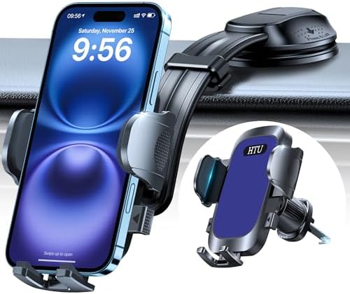 HTU Premium Adjustable Suction Car Phone Holder with Bendable Arm – Ultimate Dashboard and Windshield Mount for i Phone 16, 15, 14, 13, 12 Pro Max (Black) – Secure Grip, 360-Degree Rotation, Enhanced Safety and Usability